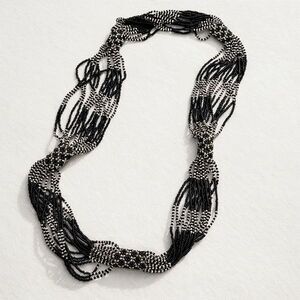 Vtg. Black & Silver Multi-Strand Beaded Necklace Boho Indie Statement 15″ Drop